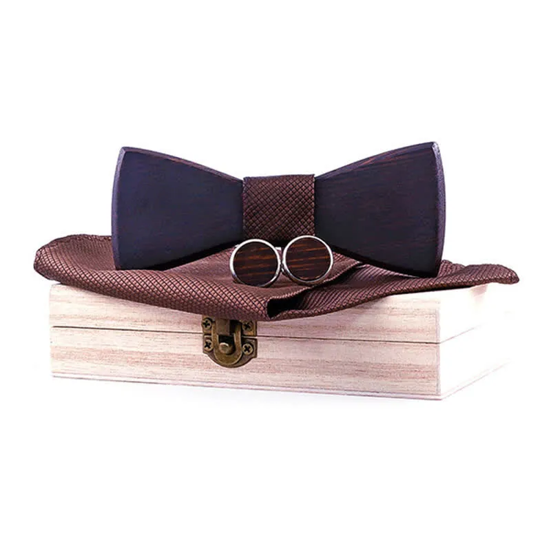 3Pcs Men's Classic Retro Black Wooden Bow Tie Set