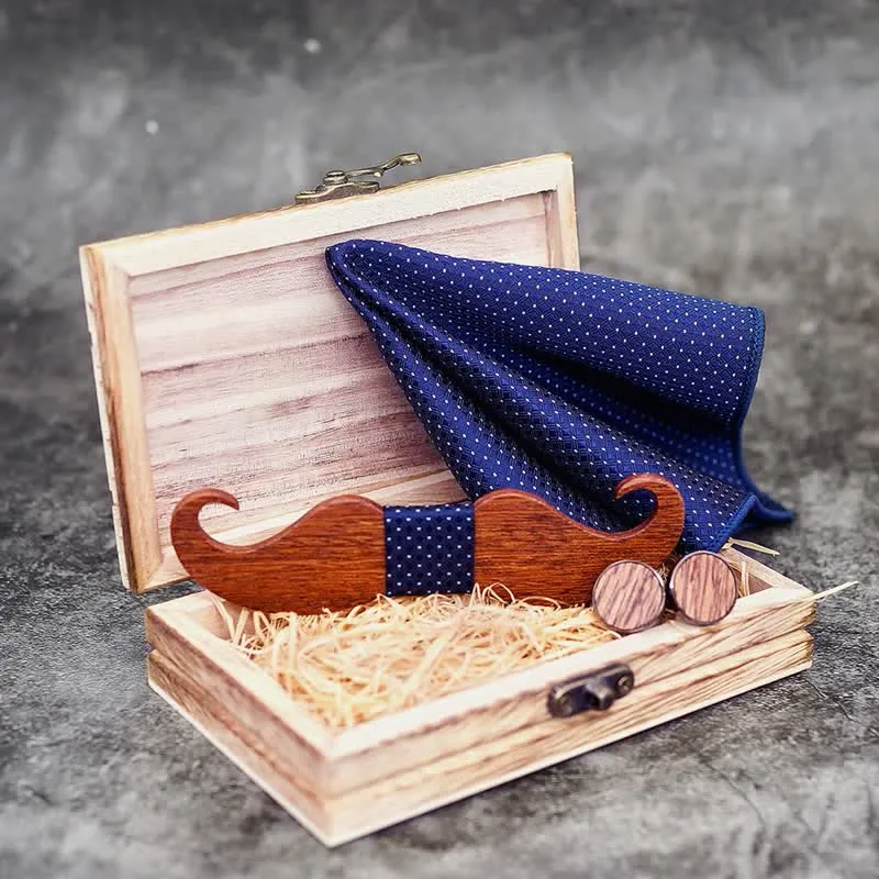 3Pcs Men's Gentleman Moustache Wooden Bow Tie Set