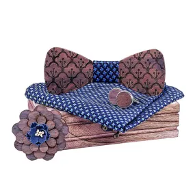 4Pcs Men's Fancy Carving Flower Solid Wooden Bow Tie Set