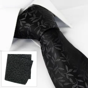 Black Leaf Jacquard Silk Tie & Handkerchief Set