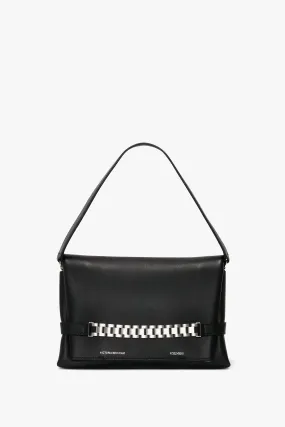 Chain Pouch Bag with Brushed Silver Chain In Black Leather