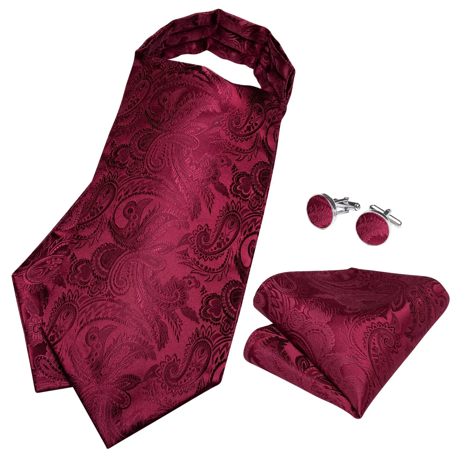 DiBanGu Ascot Tie Red Paisley Silk Cravat Woven Ascot Tie Pocket Square Cufflinks With Tie Ring Set