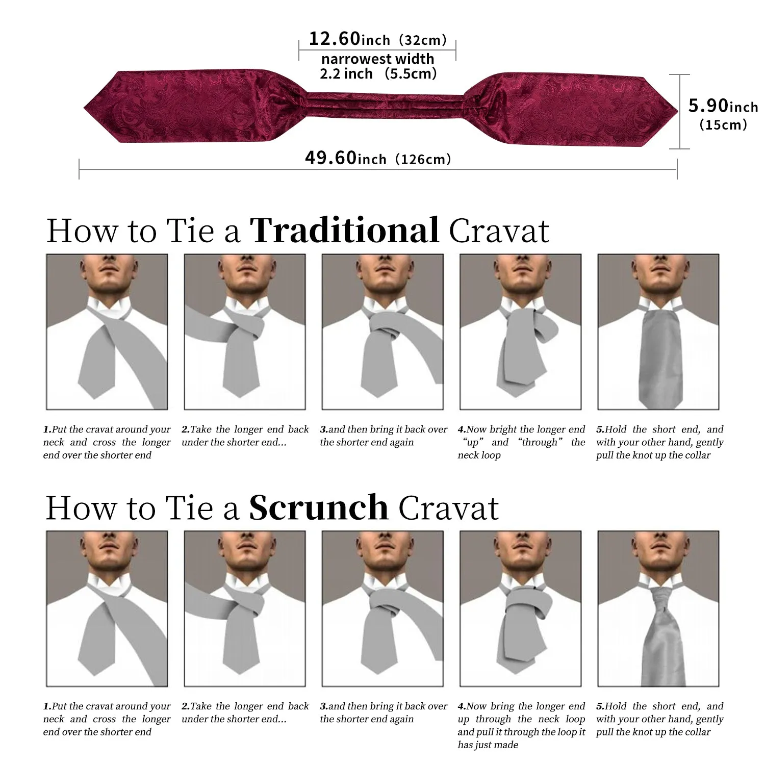 DiBanGu Ascot Tie Red Paisley Silk Cravat Woven Ascot Tie Pocket Square Cufflinks With Tie Ring Set