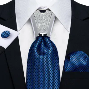 DiBanGu Men's Tie Blue Geometric Tie Handkerchief Cufflinks Accessory Set 4PCS