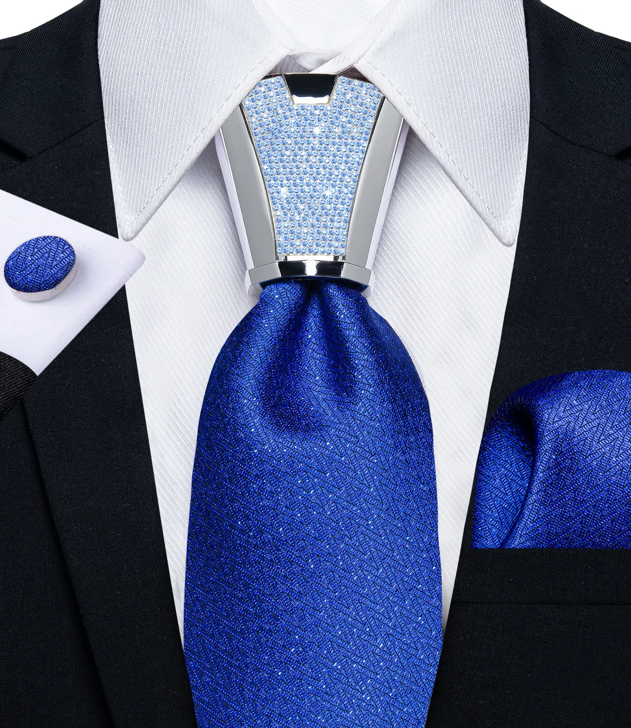 DiBanGu Men's Tie Blue Solid Silk Tie Handkerchief Cufflinks Accessory Set 4PC