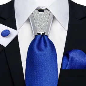 DiBanGu Men's Tie Blue Solid Silk Tie Handkerchief Cufflinks Accessory Set 4PC