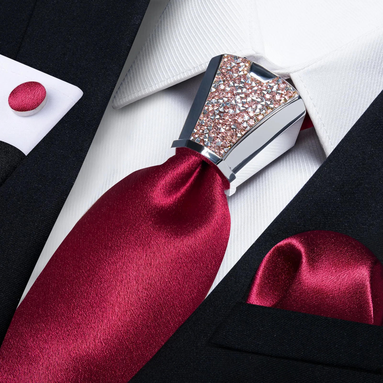 DiBanGu Wedding Tie Solid Shining Burgundy Red Necktie Pocket Square Cufflinks Accessory 4PC Set