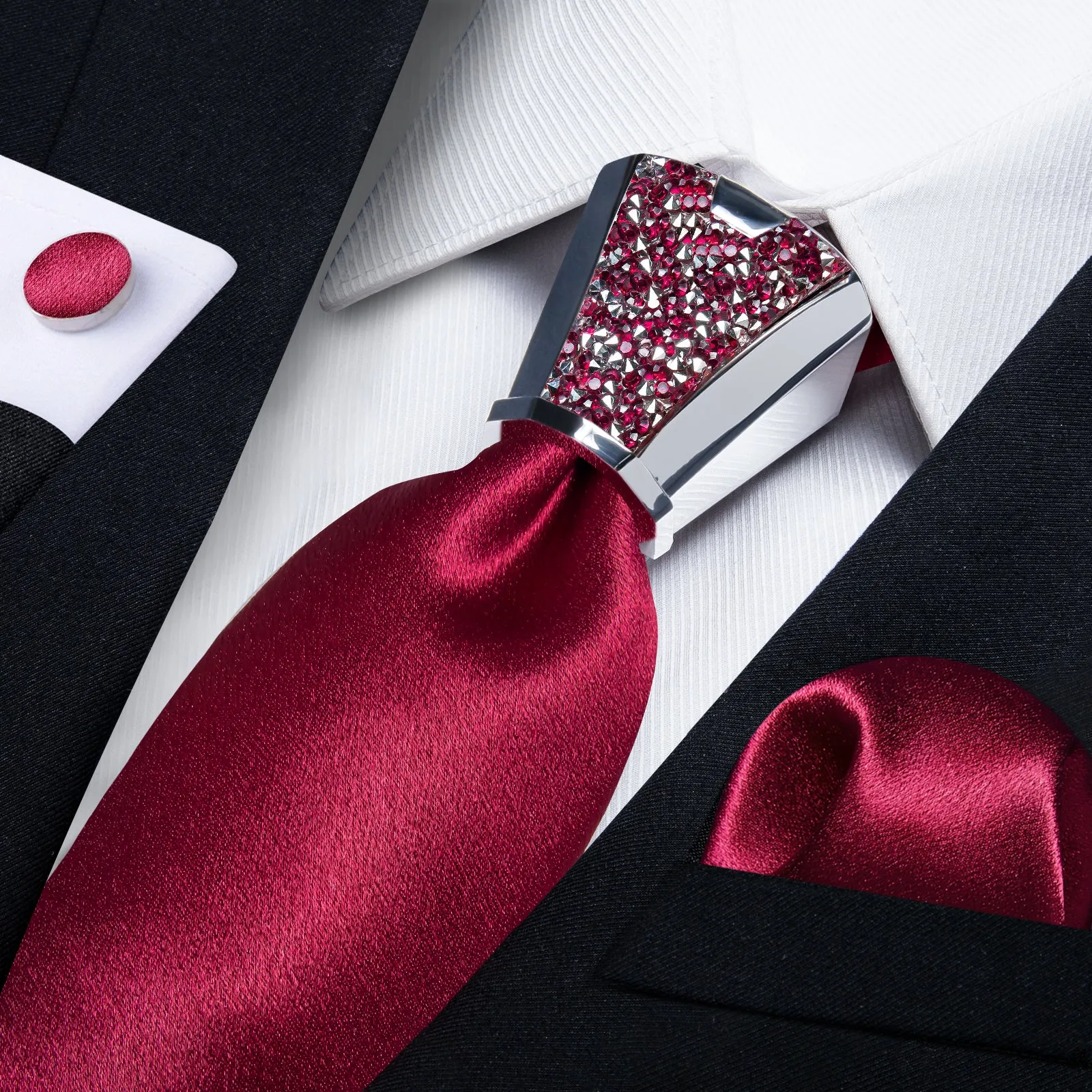 DiBanGu Wedding Tie Solid Shining Burgundy Red Necktie Pocket Square Cufflinks Accessory 4PC Set