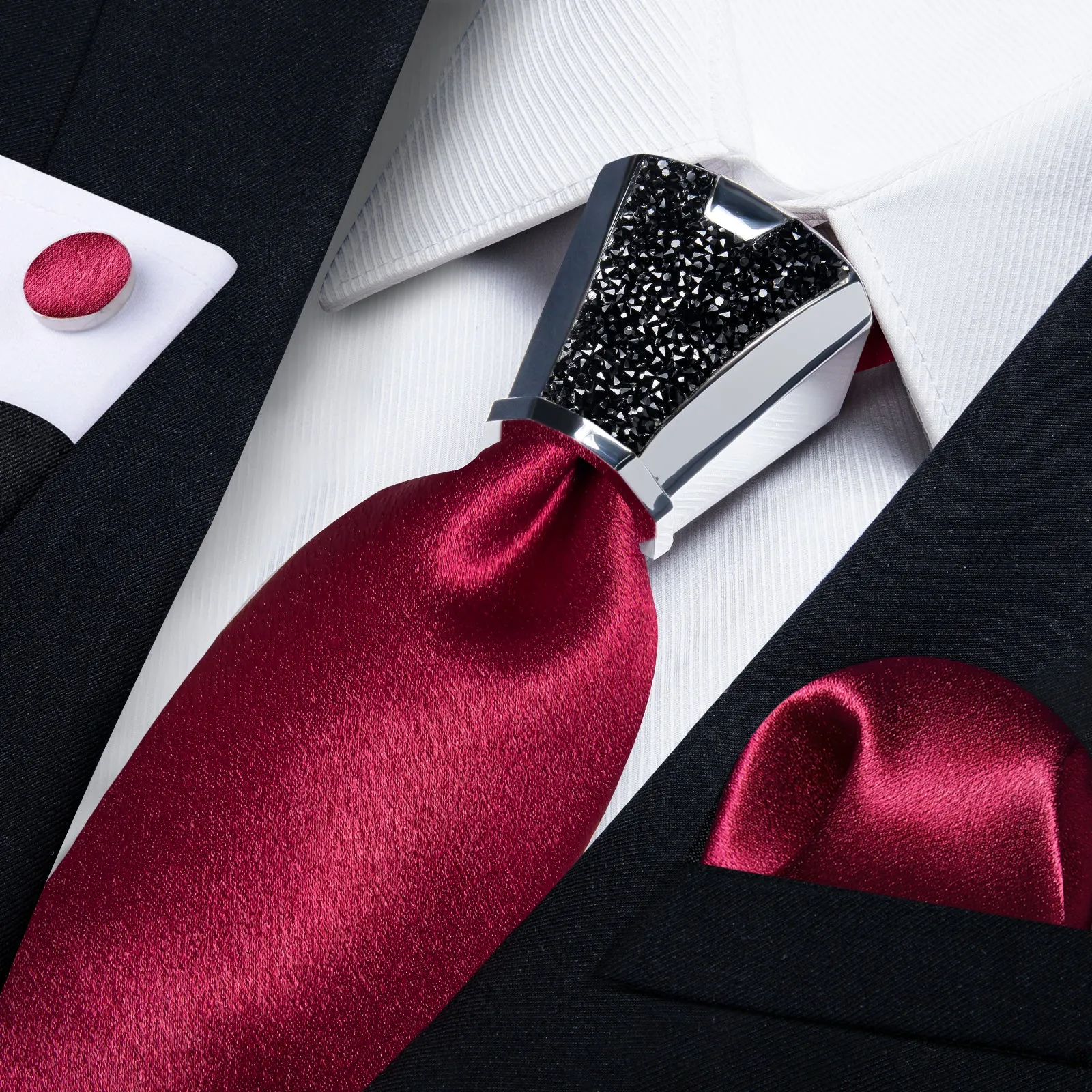 DiBanGu Wedding Tie Solid Shining Burgundy Red Necktie Pocket Square Cufflinks Accessory 4PC Set