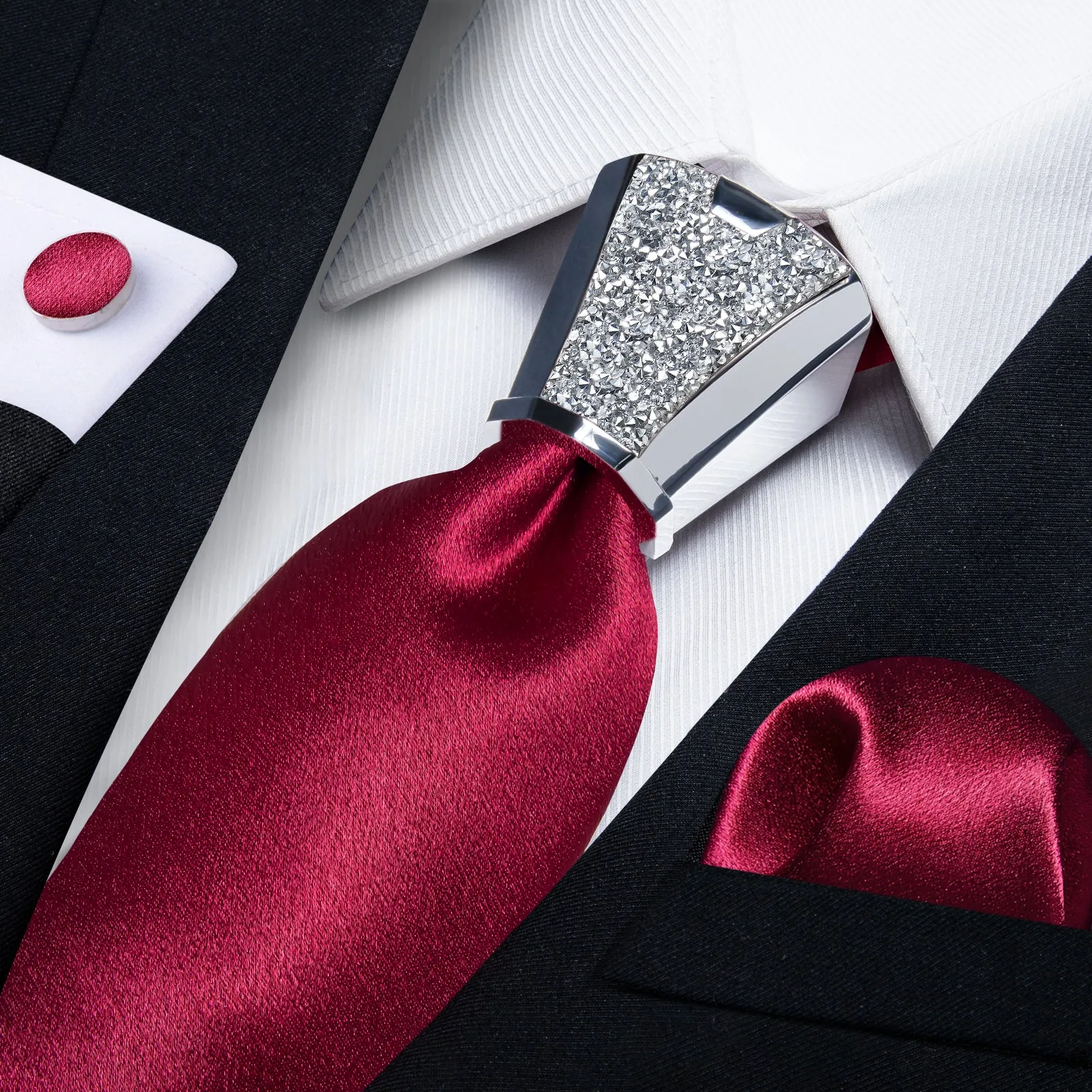 DiBanGu Wedding Tie Solid Shining Burgundy Red Necktie Pocket Square Cufflinks Accessory 4PC Set