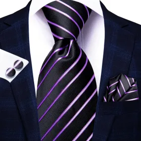 Hi-Tie Black Purple Striped 67 Inches Tie Handkerchief Cufflinks Set