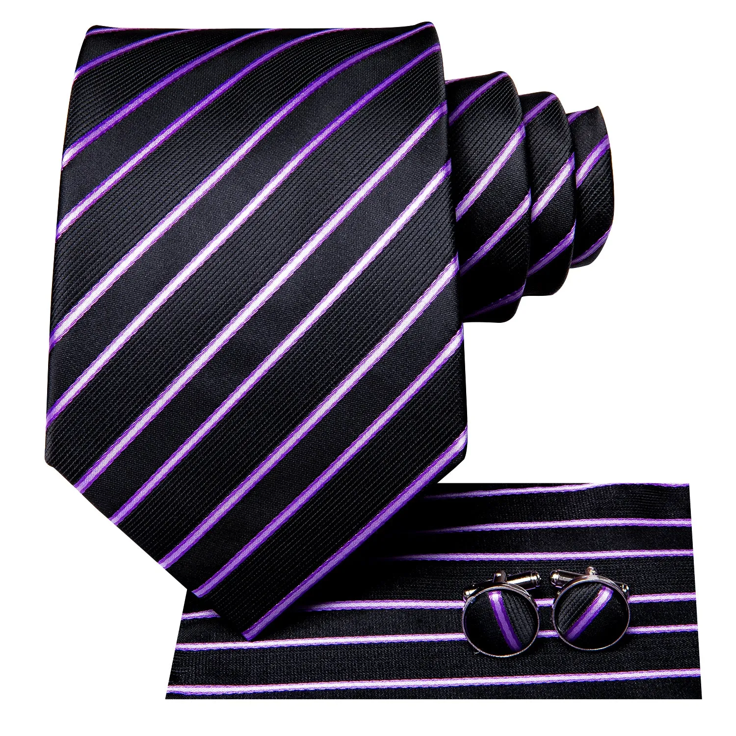 Hi-Tie Black Purple Striped 67 Inches Tie Handkerchief Cufflinks Set