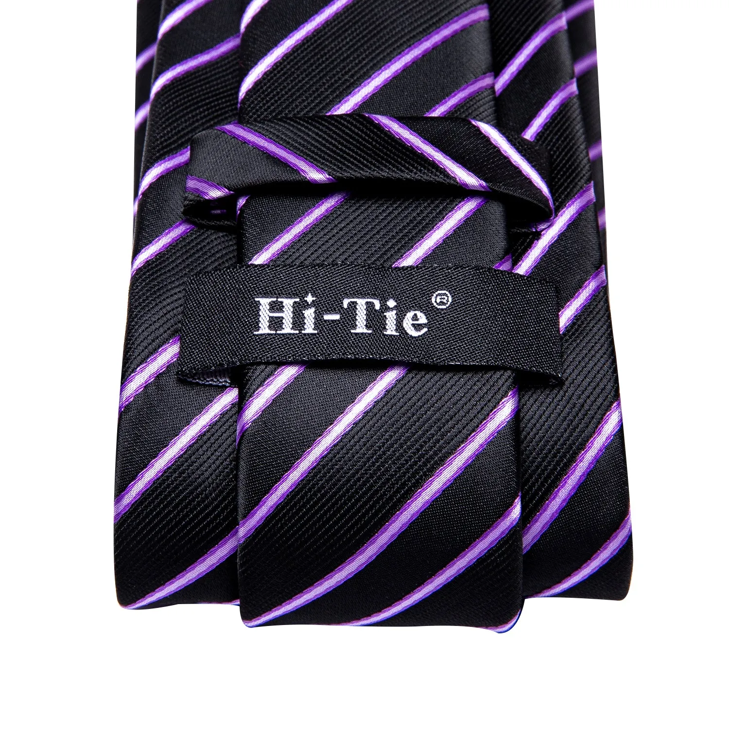 Hi-Tie Black Purple Striped 67 Inches Tie Handkerchief Cufflinks Set