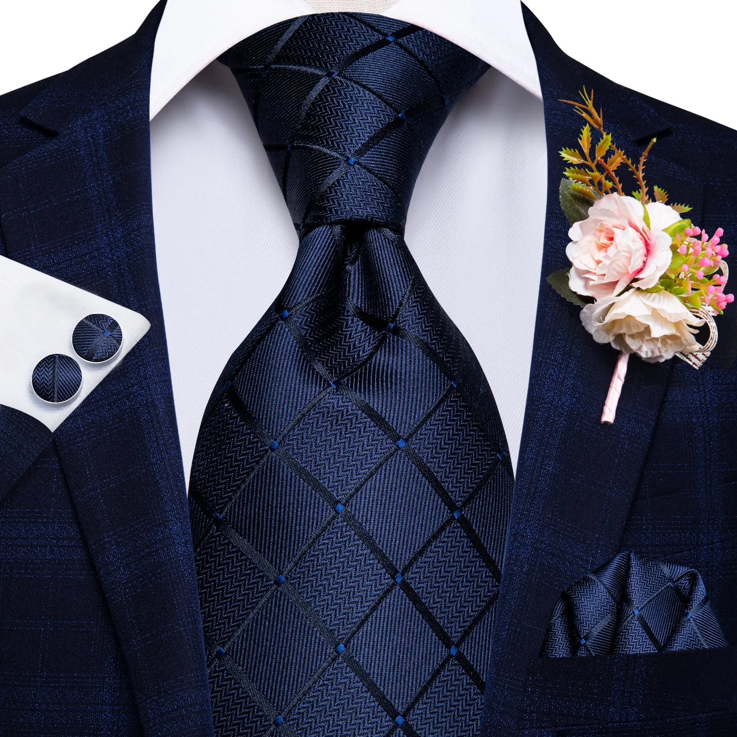 Hi-Tie Blue Plaid Tie Handkerchief Cufflinks Set with Wedding Brooch