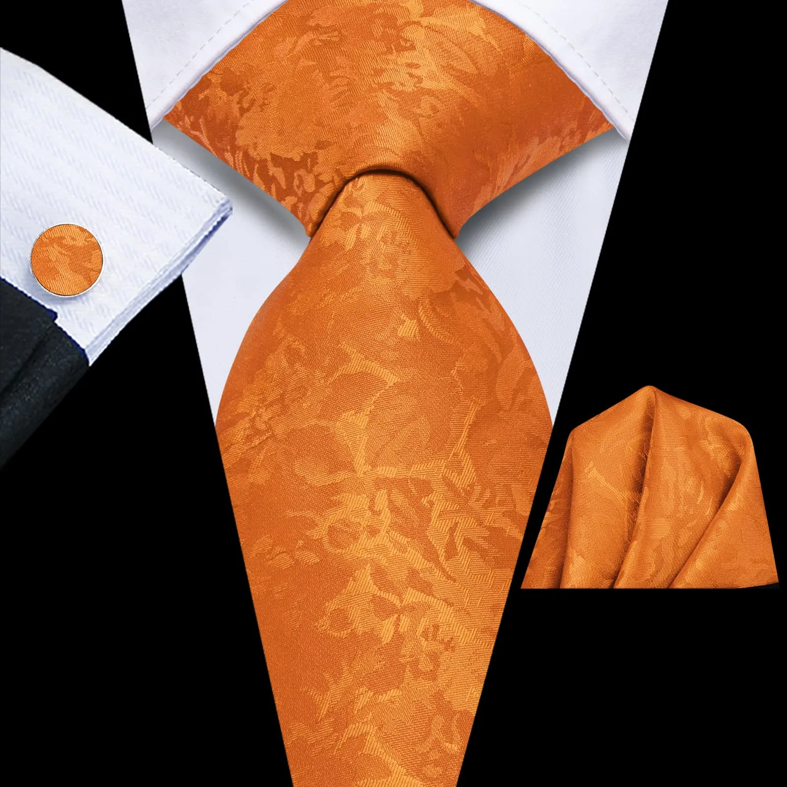 Hi-Tie Burnt Orange Floral Silk Mens Tie Handkerchief Cufflinks Set