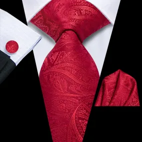 Hi-Tie Classic Red Paisley Silk Mens Tie Handkerchief Cufflinks Set