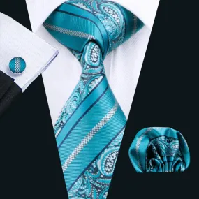 Hi-Tie Cyan Paisley Silk Extra Long 63" Tie Handkerchief Cufflinks Set