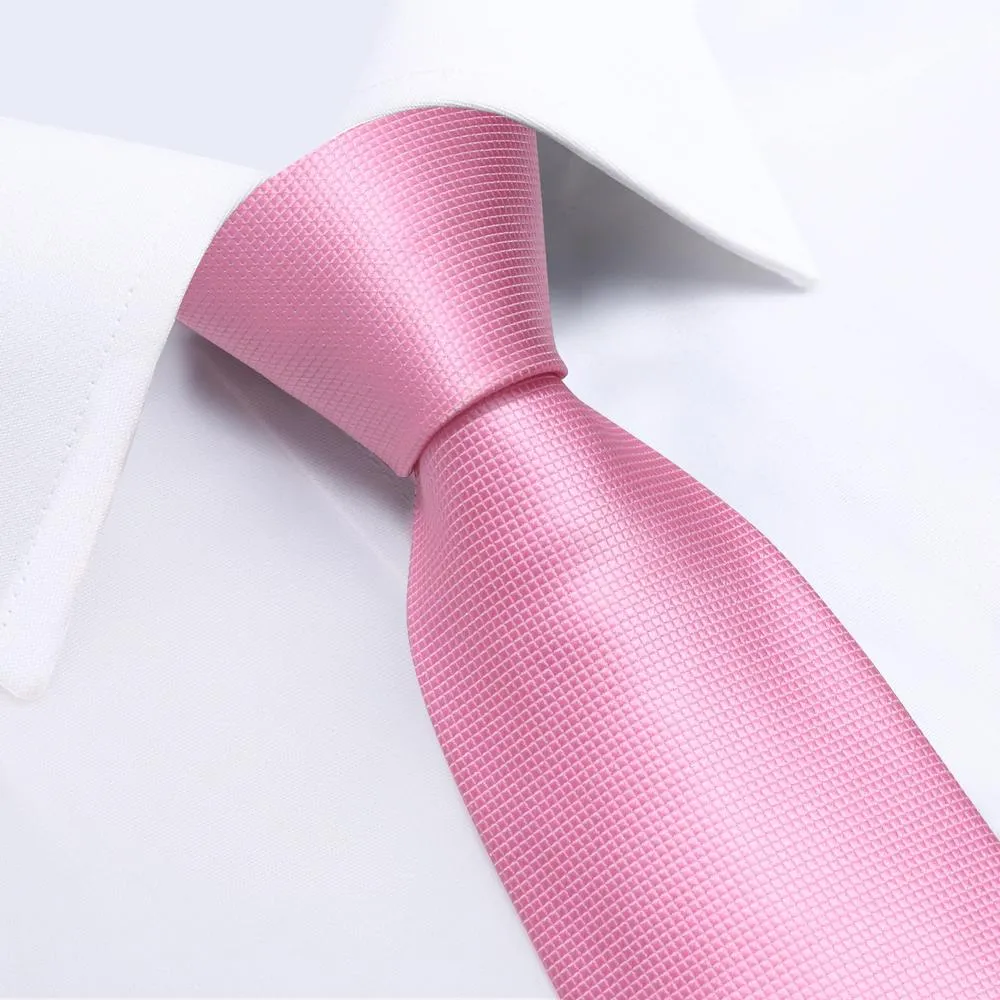 Hi-Tie Pink Necktie Men's Plaid Wedding Tie Handkerchief Cufflinks Set