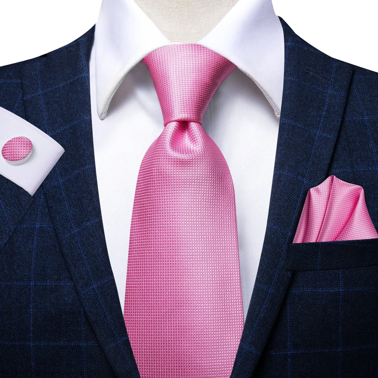 Hi-Tie Pink Necktie Men's Plaid Wedding Tie Handkerchief Cufflinks Set