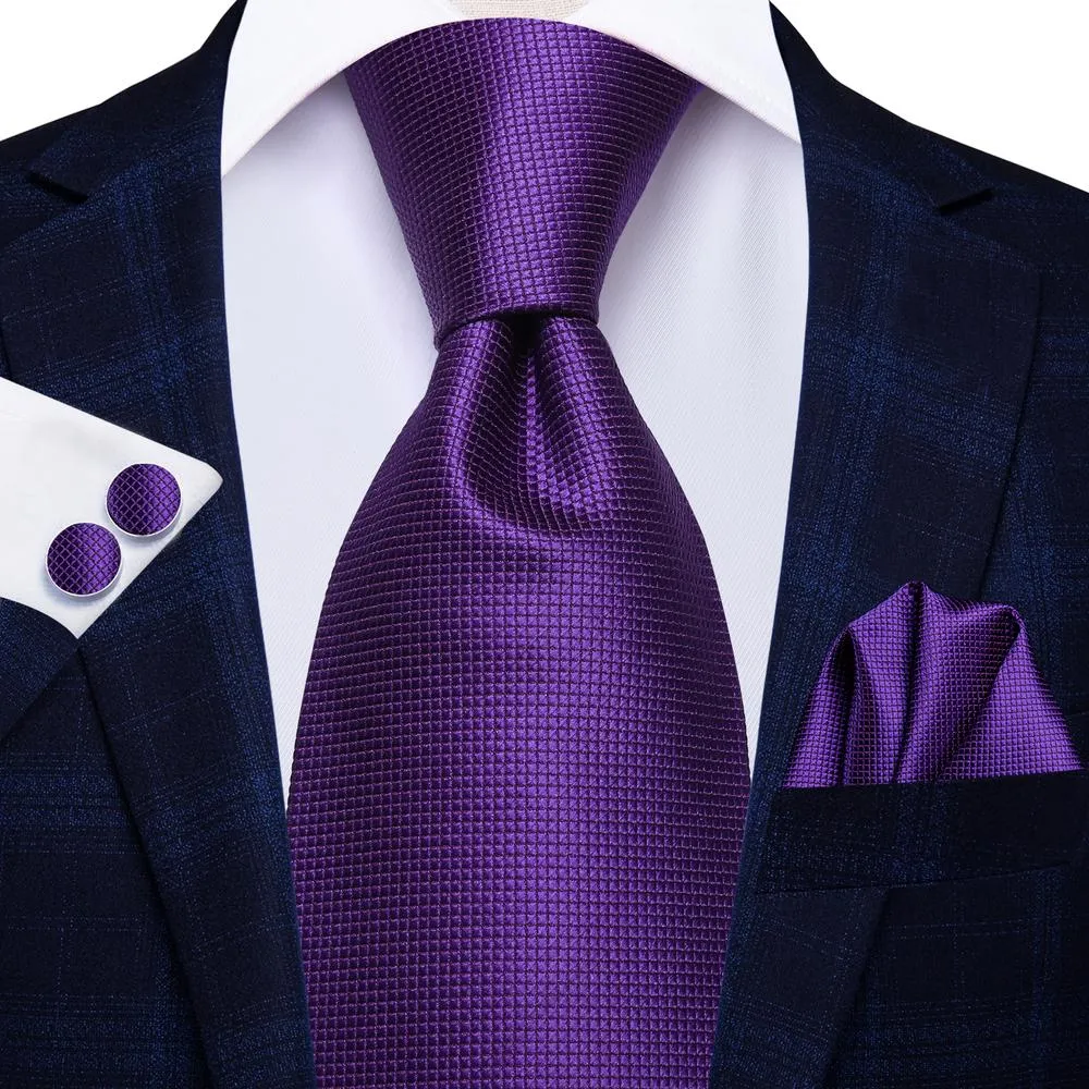 Hi-Tie Plum Purple Necktie Men's Solid Tie Handkerchief Cufflinks Set