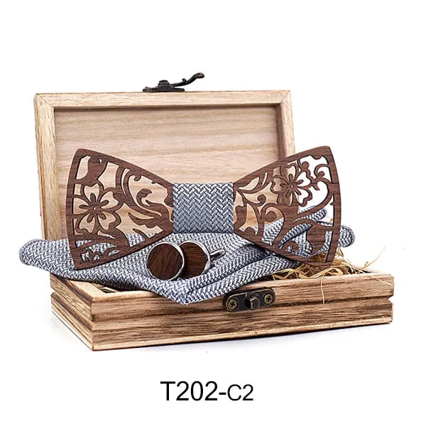 Hollow Floral Wood Bow Tie Set