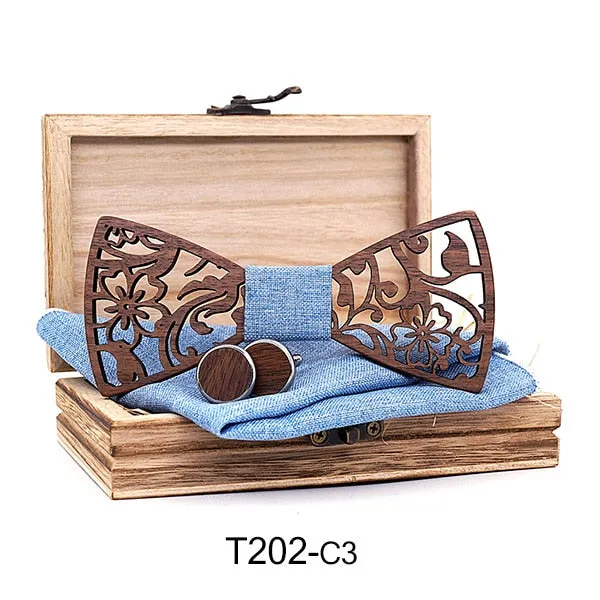 Hollow Floral Wood Bow Tie Set