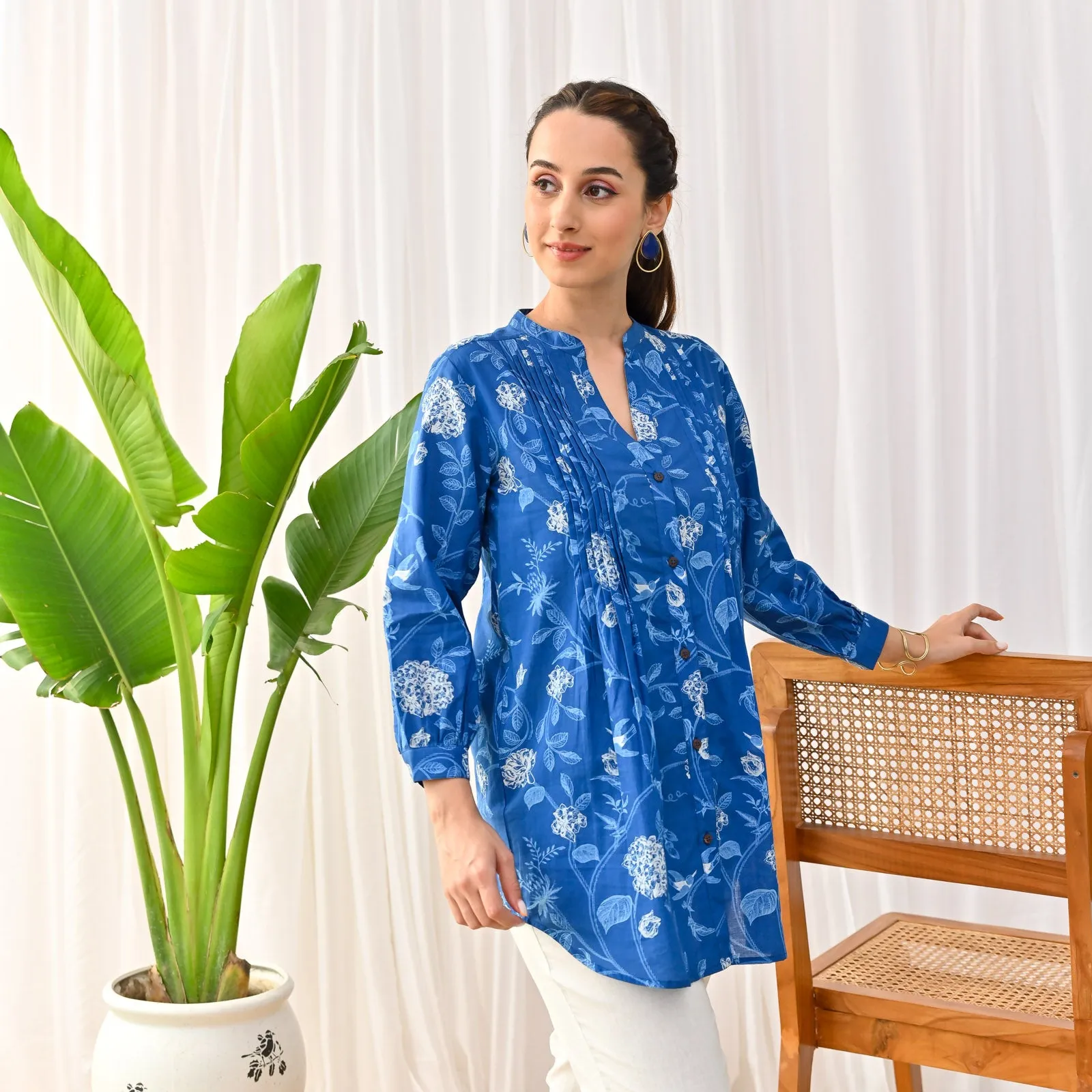 Indigo Sanganeri Printed Shirt Tunic with Pintuck Details