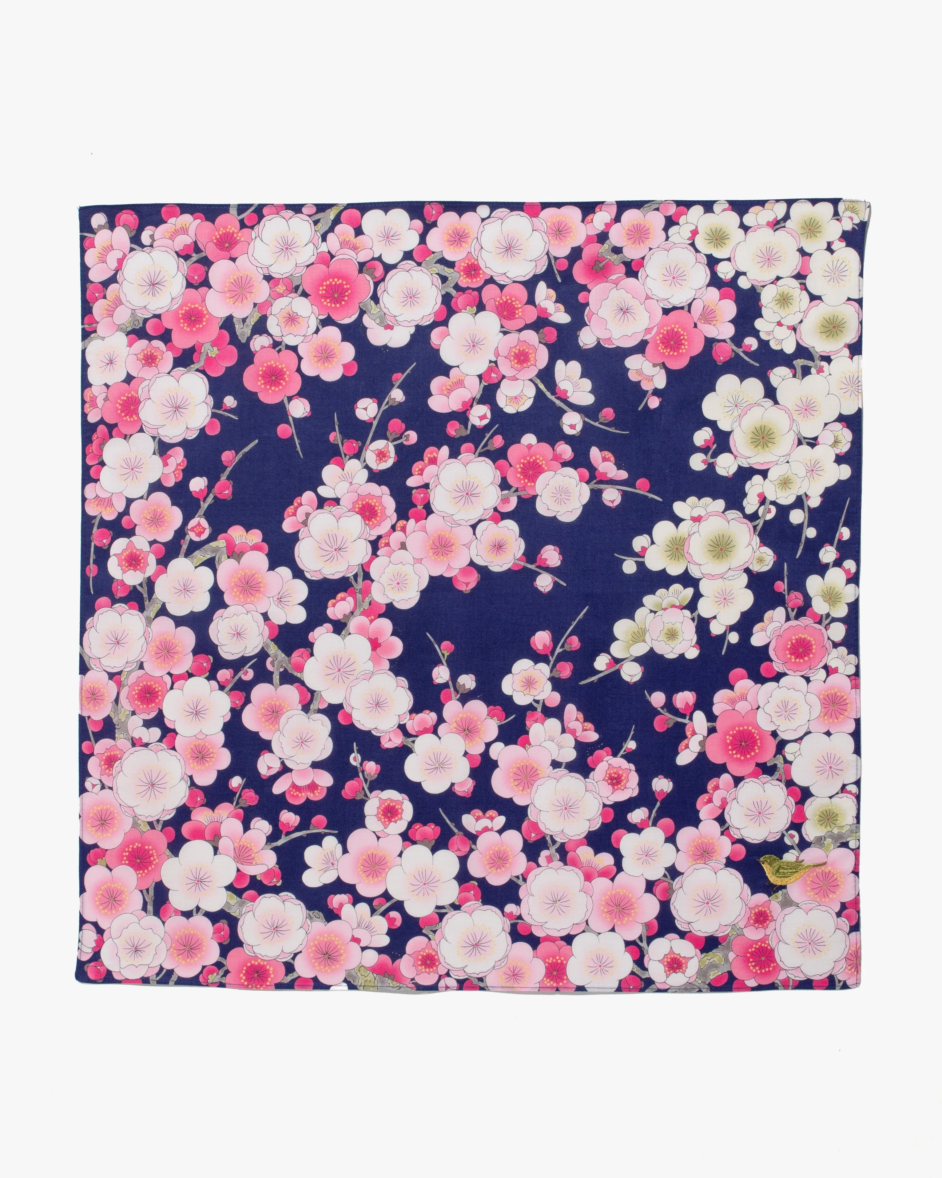 Japanese Handkerchief, Classic, Navy Plum Blossoms with Bird Embroidery