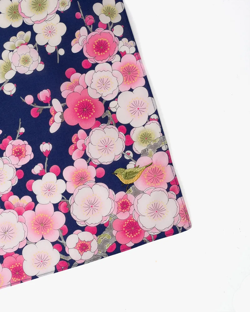 Japanese Handkerchief, Classic, Navy Plum Blossoms with Bird Embroidery