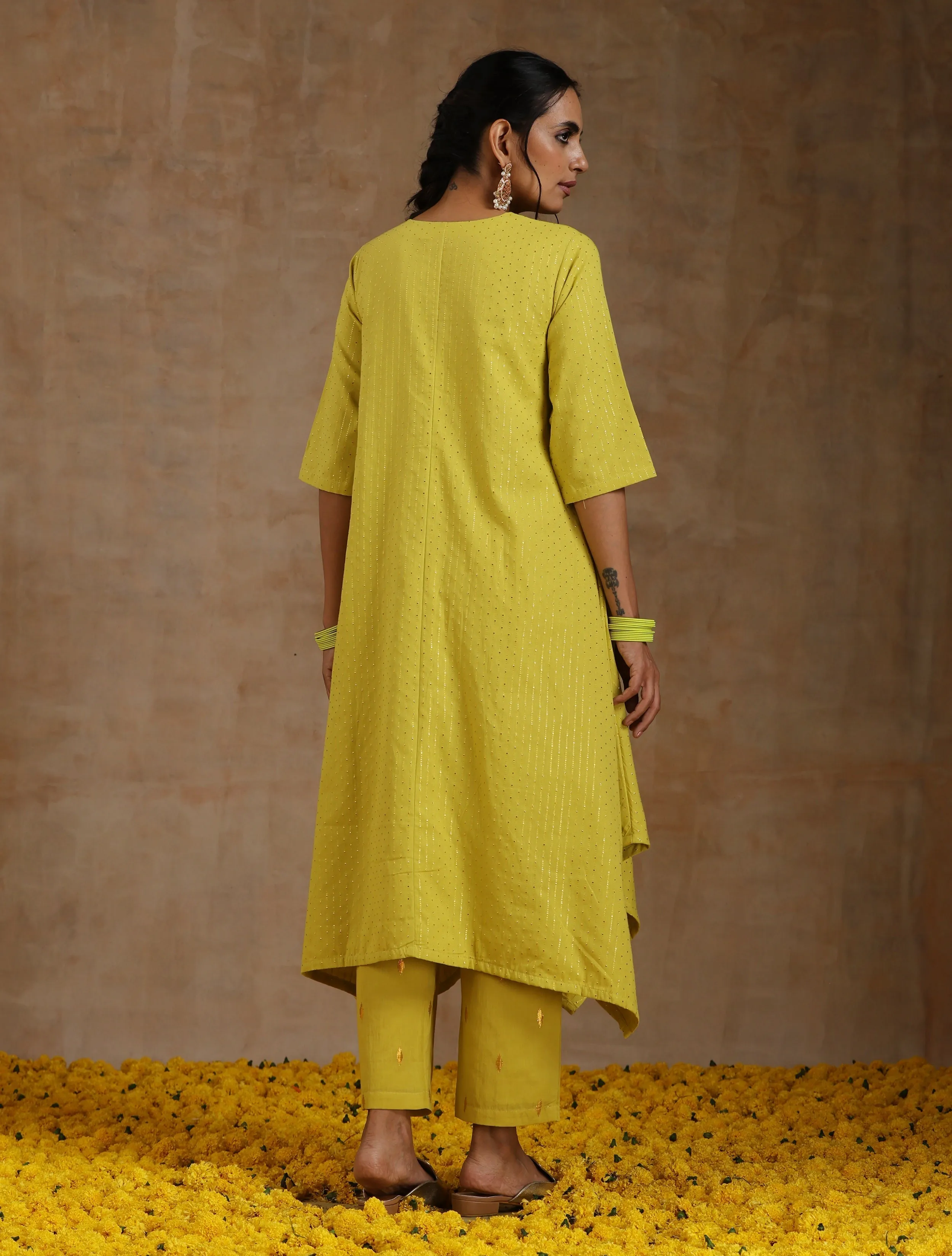 Lime Gold Cotton Handkerchief Kurta Set | Relove