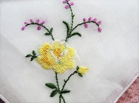 LOVELY VINTAGE HANKIE,Handkerchief,Delicate,Dainty Petit Point Yellow Roses Embroidered Purple Flowers Hanky,Something Old, Bridal Gifts