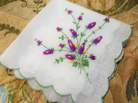 LOVELY VINTAGE HANKIE,Handkerchief,Delicate,Dainty Purple Flowers Hand Embroidered Hanky,Sweet Raised  Flowers,Something Old Bridal Gift