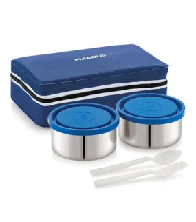 Magnus Fancy 2 Steel Lunch Box Set - Leak-Proof Containers for Office & School | 1050ml | Carry Bag for Men, Women | Stylish Lunch Box for Kids & Lunch Boxes for Office Men, Blue