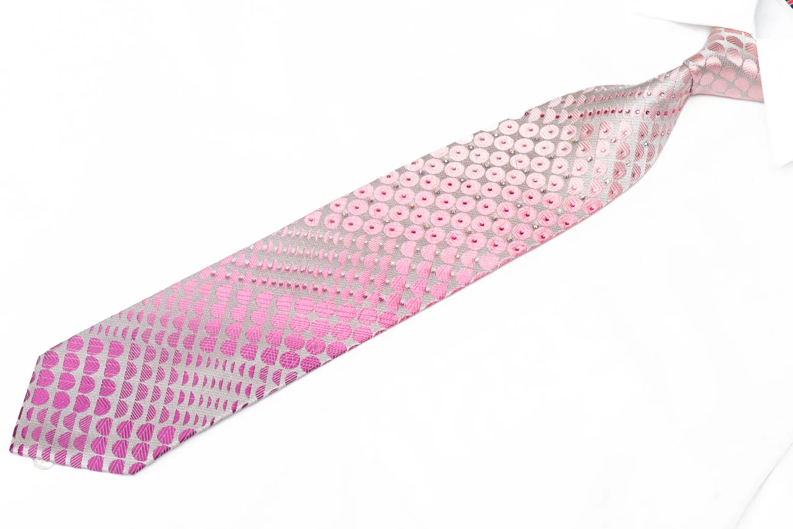 Pink Geometric Circles On Silver Rhinestone Silk Necktie With Silver Sparkles