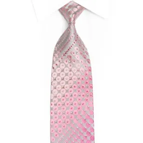 Pink Geometric Circles On Silver Rhinestone Silk Necktie With Silver Sparkles