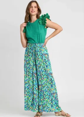 Printed Wide Leg Pant in Mint Blue Mix by Umgee