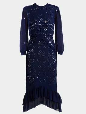 Venyx Isa Silk B Dress in Navy Ornate Mirror Embroidered