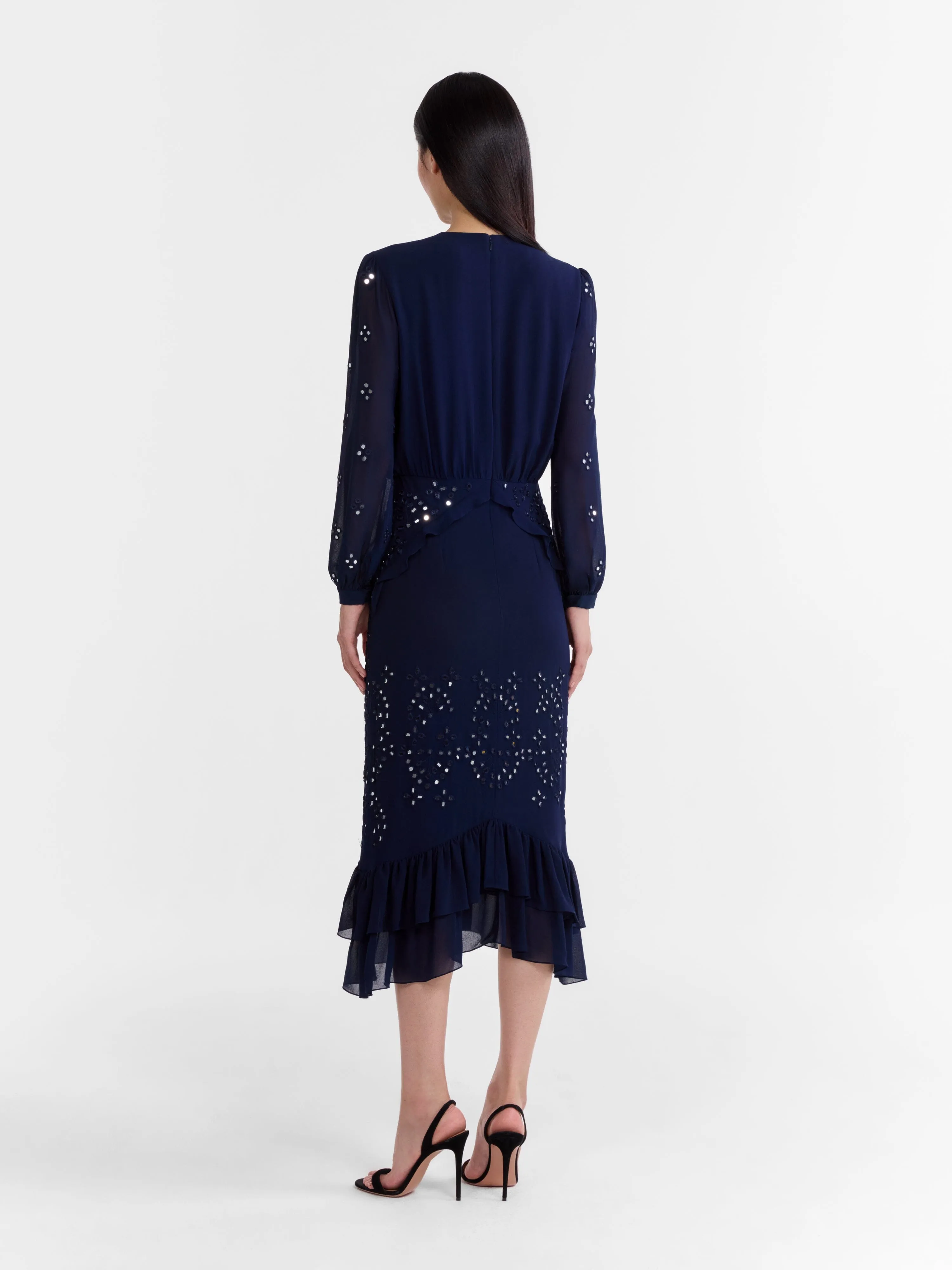 Venyx Isa Silk B Dress in Navy Ornate Mirror Embroidered