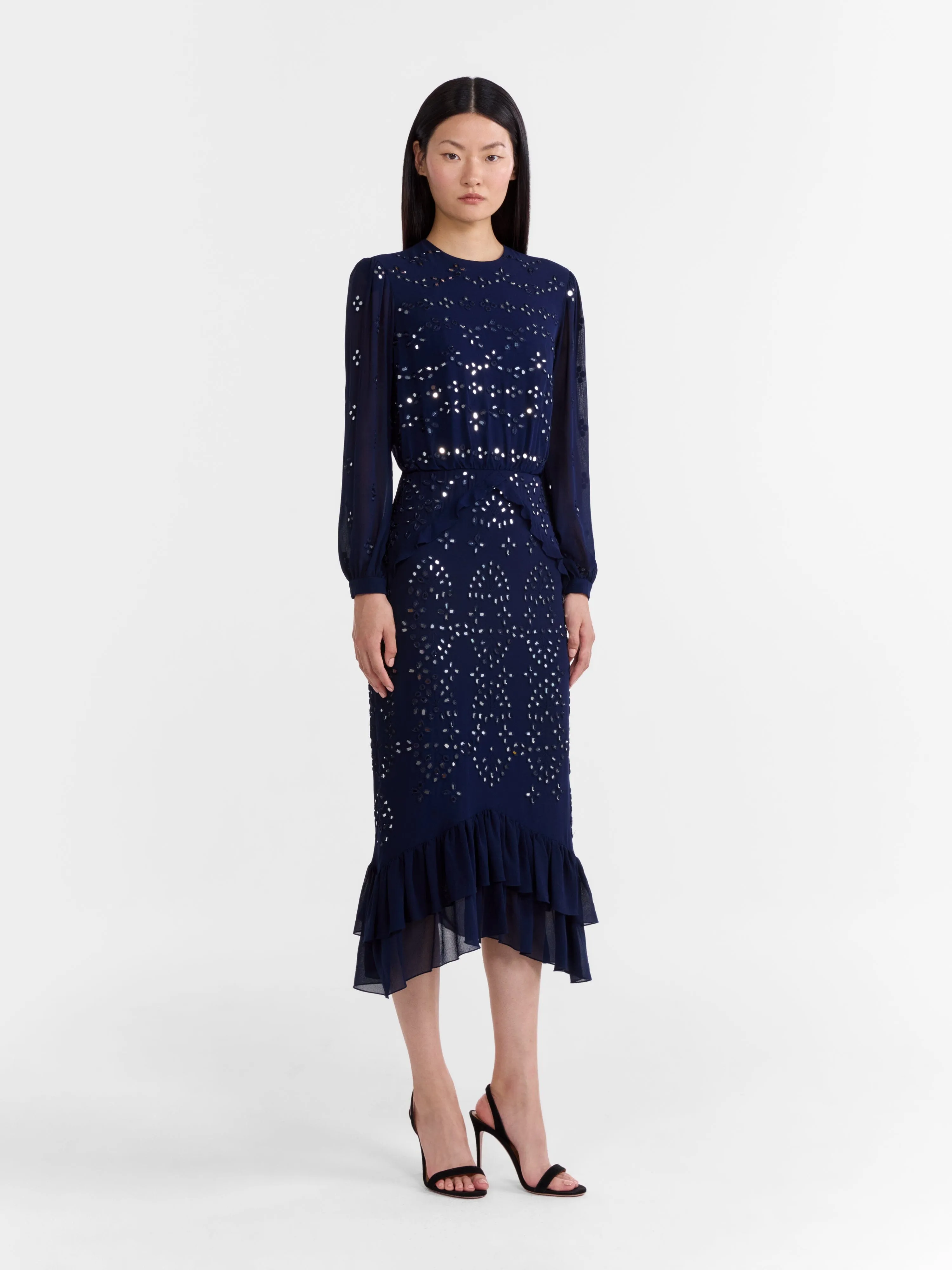 Venyx Isa Silk B Dress in Navy Ornate Mirror Embroidered