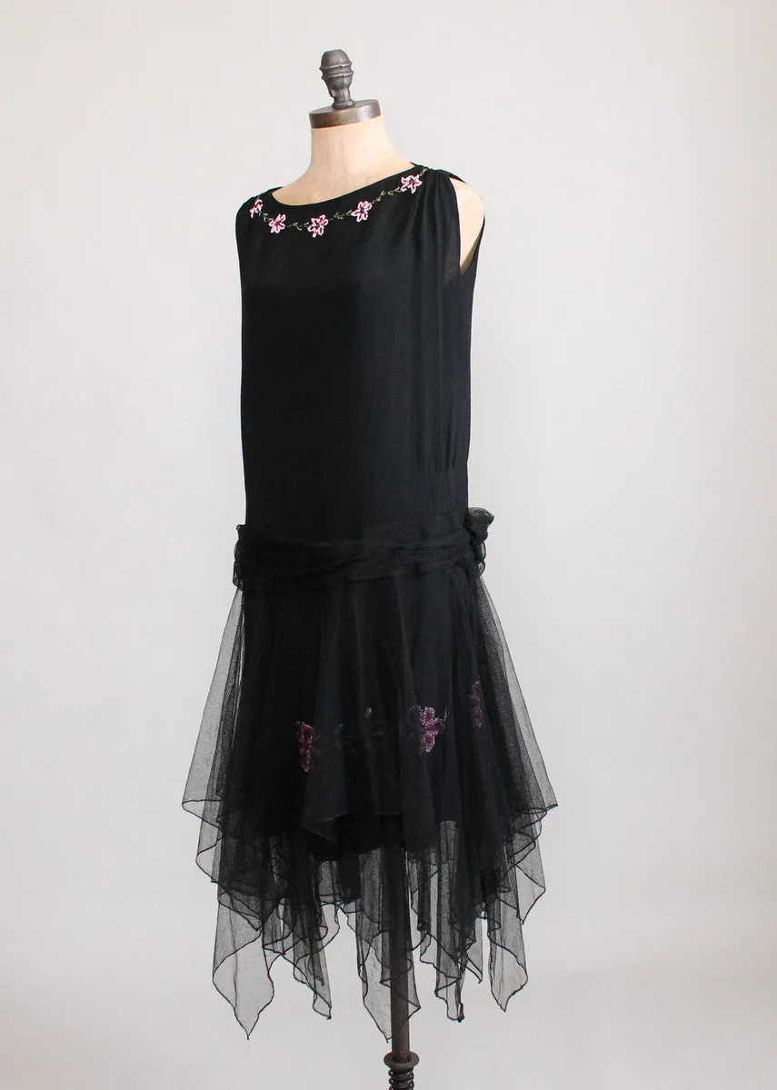 Vintage 1920s Floral Beaded Black Silk Flapper Dress