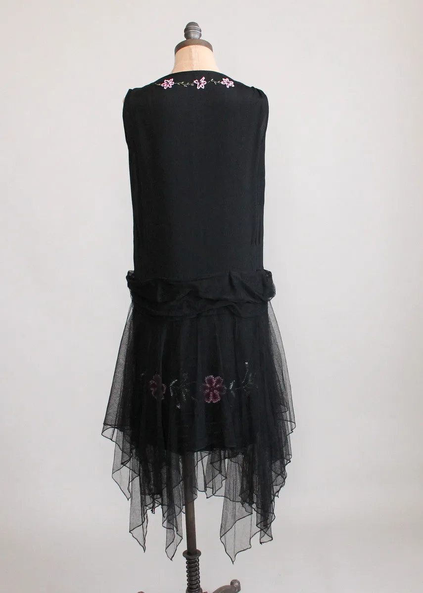 Vintage 1920s Floral Beaded Black Silk Flapper Dress