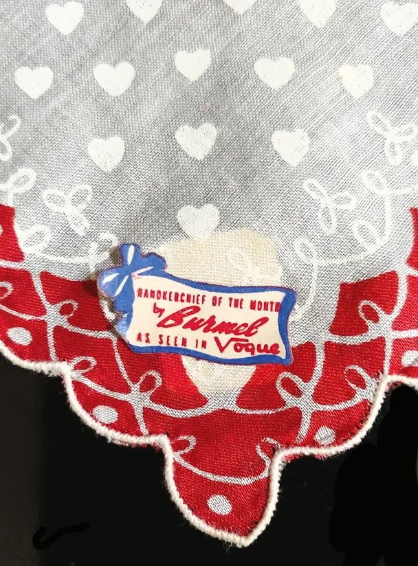 *VINTAGE  "HANDKERCHIEF OF THE MONTH BY BURMEL AS SEEN IN VOGUE" VALENTINE HEARTS HANDKERCHIEF - NEW OLD STOCK