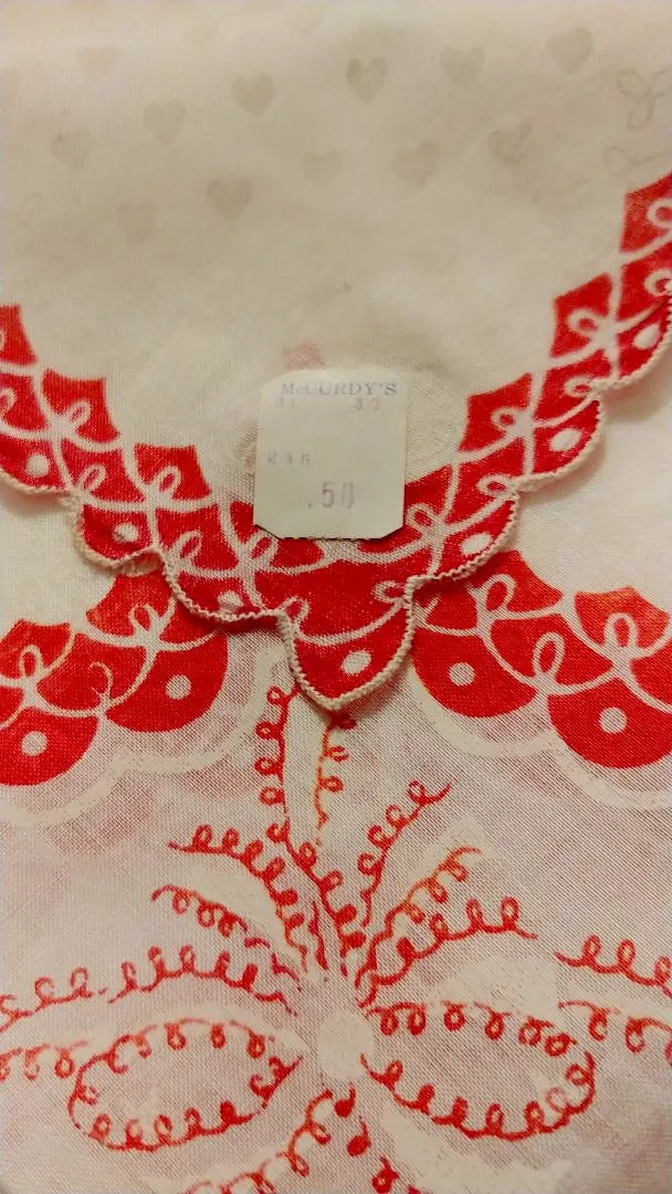 *VINTAGE  "HANDKERCHIEF OF THE MONTH BY BURMEL AS SEEN IN VOGUE" VALENTINE HEARTS HANDKERCHIEF - NEW OLD STOCK