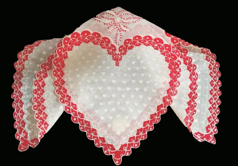 *VINTAGE  "HANDKERCHIEF OF THE MONTH BY BURMEL AS SEEN IN VOGUE" VALENTINE HEARTS HANDKERCHIEF - NEW OLD STOCK