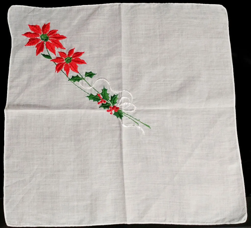 *VINTAGE UNIQUE '50s/ '60s SCALLOPED FLOCKED CHRISTMAS POINSETTIAS WITH HOLLY BERRY LEAVES HANDKERCHIEF