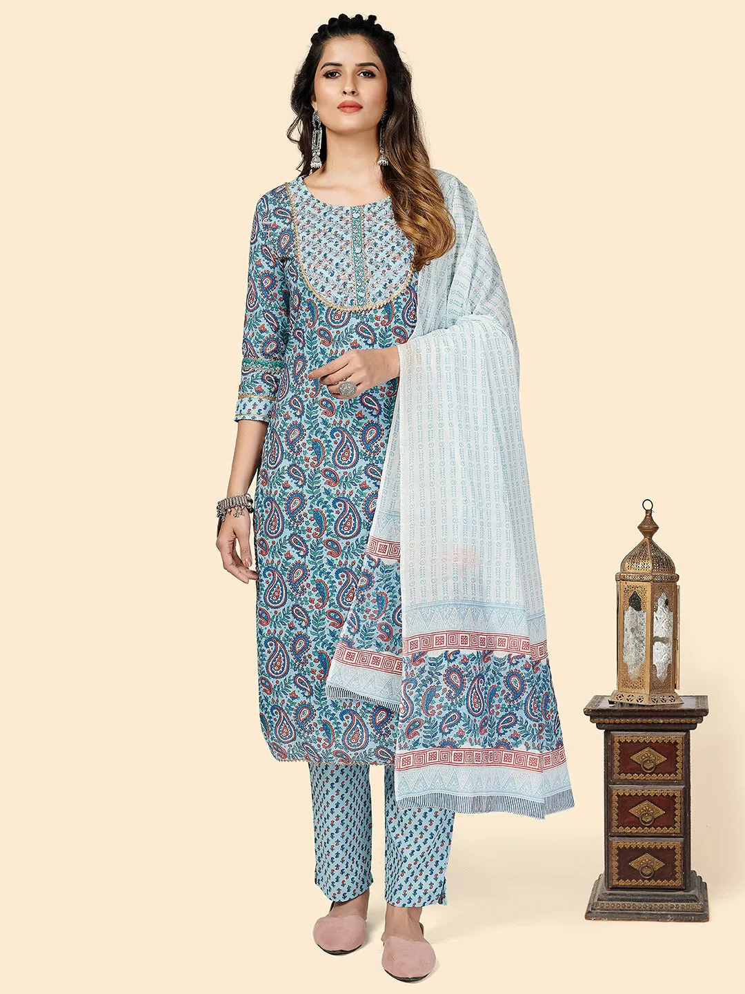 Women'S Printed & Embroidered Straight Cotton Blue Stitched Kurta Pant With Dupatta