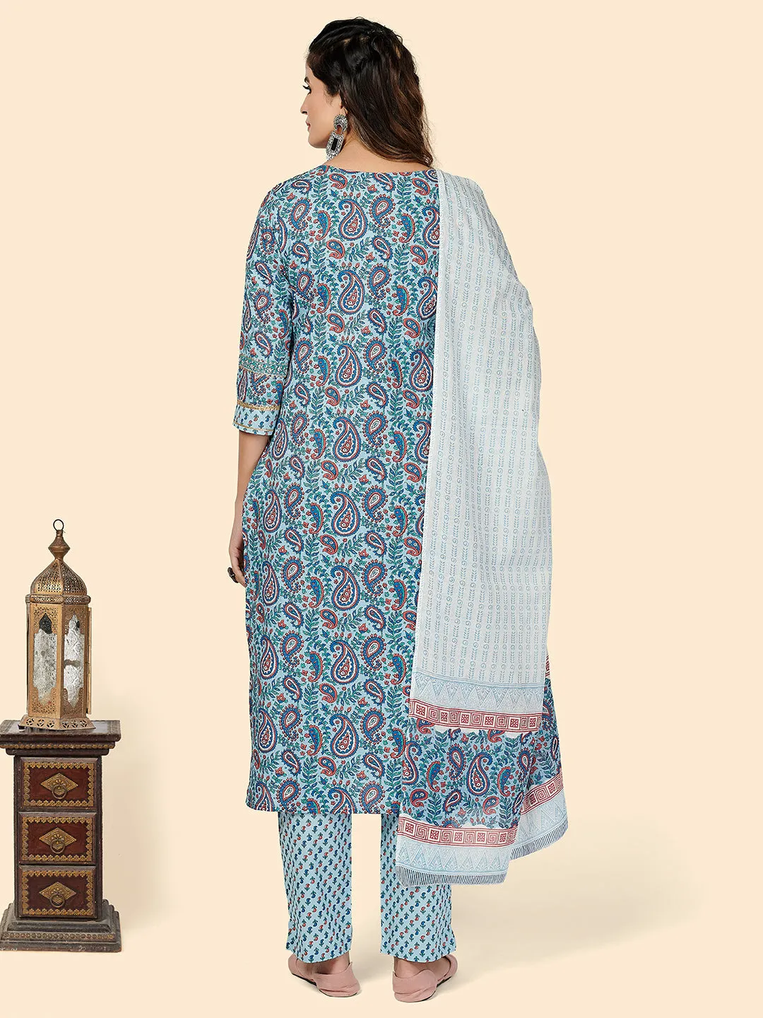 Women'S Printed & Embroidered Straight Cotton Blue Stitched Kurta Pant With Dupatta