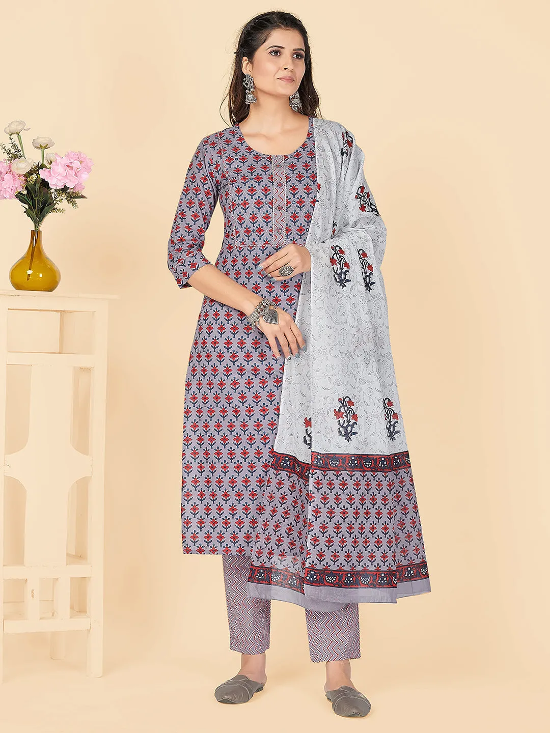 Women'S Printed & Embroidered Straight Cotton Lavender Stitched Kurta Pant With Dupatta