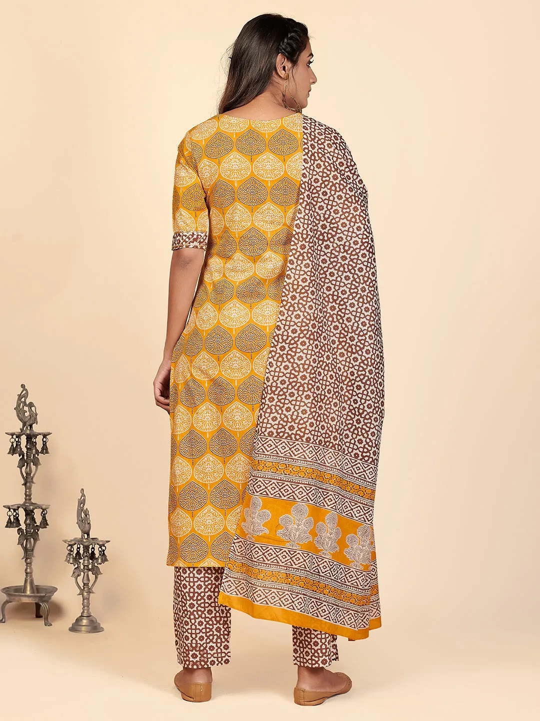 Women'S Printed & Embroidered Straight Cotton Mustard Stitched Kurta Pant With Dupatta