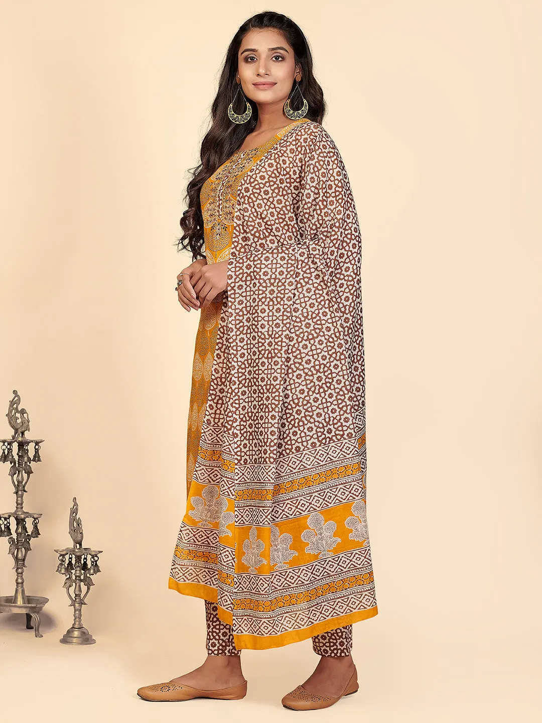 Women'S Printed & Embroidered Straight Cotton Mustard Stitched Kurta Pant With Dupatta